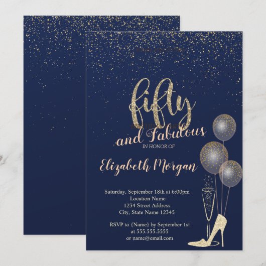 Invitation High Heels Confetti, Navy Blue 50th Birthday Party (Devant / Derrière)