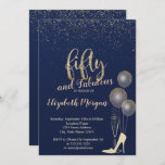 Invitation High Heels Confetti, Navy Blue 50th Birthday Party<br><div class="desc">Elégant confetti d'or,  talons hauts de parties scintillant d'or et ballons sur un arrière - plan bleu marine.</div>