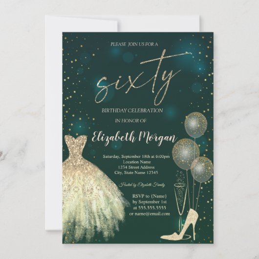 Invitation High Heels,Dress,Stars Green 60th Birthday  (Devant)