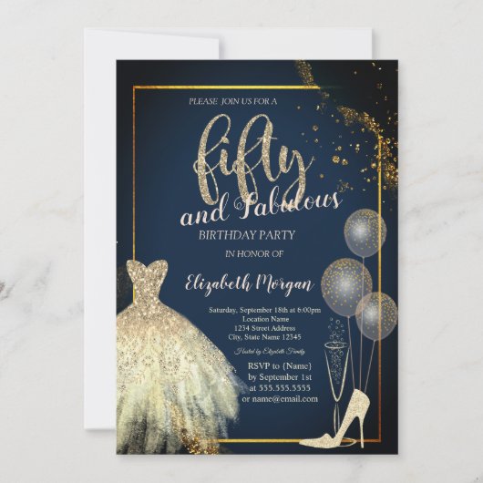 Invitation High Heels,Dress,Stars Navy Blue 50th Birthday (Devant)