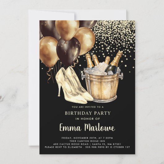 Invitation High Heels Gold Black Woman's Birthday Party (Devant)