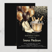 Invitation High Heels Gold Black Woman's Birthday Party (Devant / Derrière)