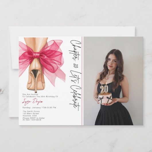 Invitation High Heels Pink Bow 20th Birthday Party Photo (Devant)