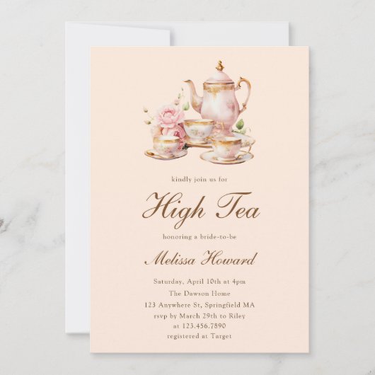 Invitation High Tea Pastel Orange Gold Bridal Shower (Devant)