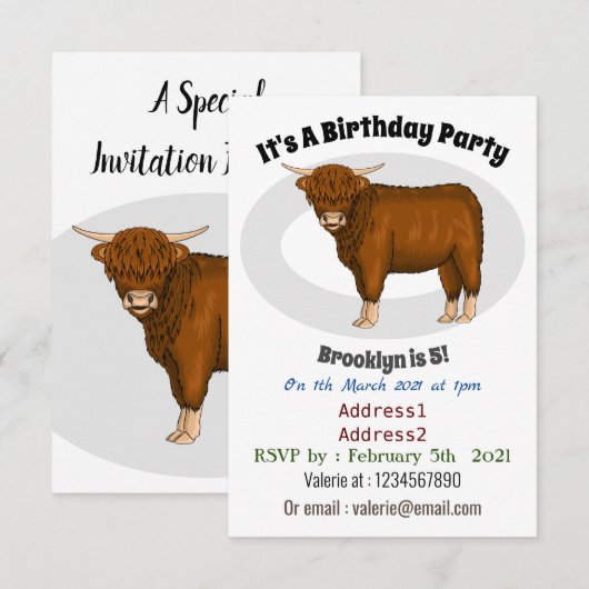Invitation Highland cow (Devant / Derrière)