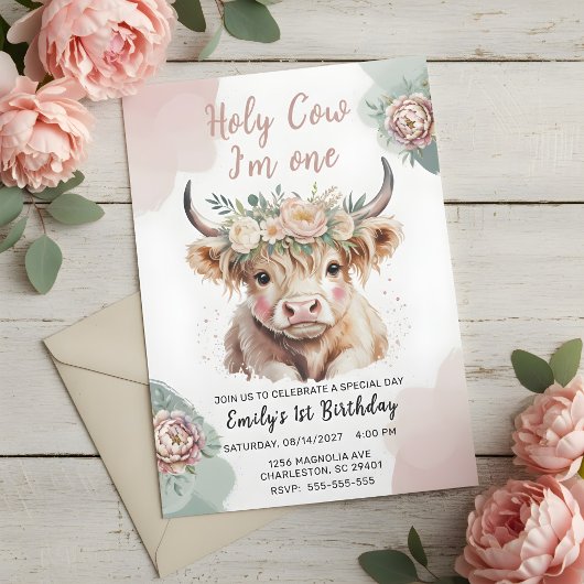 Invitation Highland Cow Boho Watercolor First Birthday
