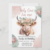 Invitation Highland Cow Boho Watercolor First Birthday (Devant)
