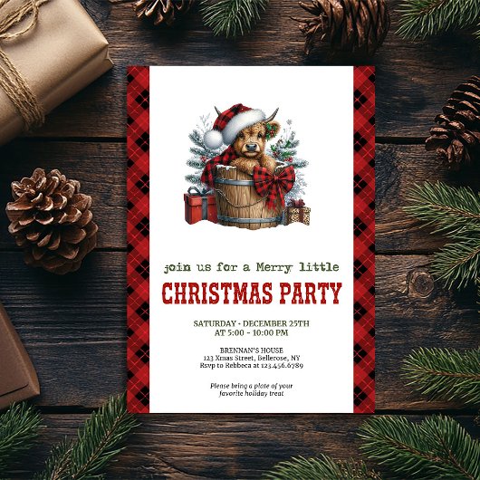 Invitation Highland cow Christmas invite with holly berries