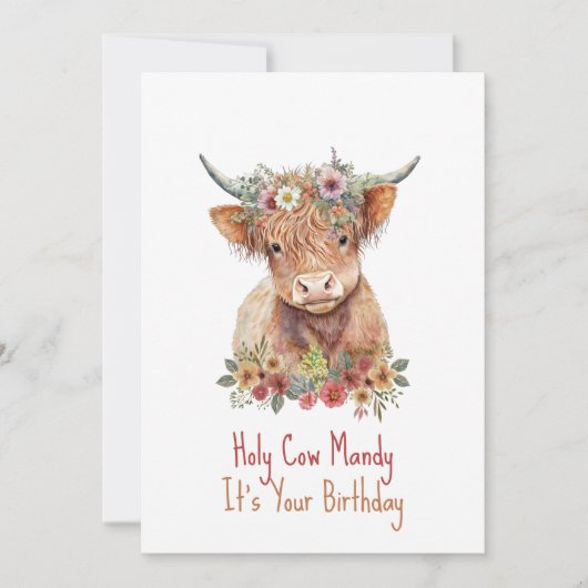 Invitation Highland Cow Cute Floral Anniversaire (Devant)