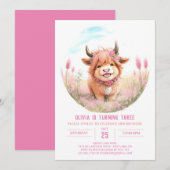 Invitation Highland Cow et Fleur sauvage Anniversaire (Devant / Derrière)