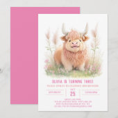 Invitation Highland Cow et Pampas Grass Girl Anniversaire (Devant / Derrière)