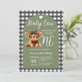 Invitation Highland Cow First Birthday Girl Gingham Party (Debout devant)