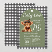 Invitation Highland Cow First Birthday Girl Gingham Party (Devant / Derrière)