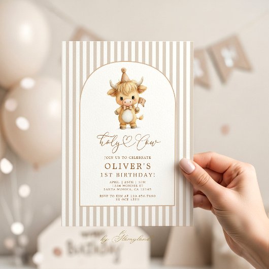 Invitation Highland Cow First Birthday Neutral