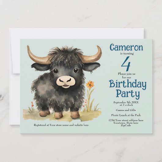 Invitation Highland Cow Genre Neutre Anniversaire (Devant)