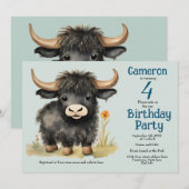 Invitation Highland Cow Genre Neutre Anniversaire (Devant / Derrière)