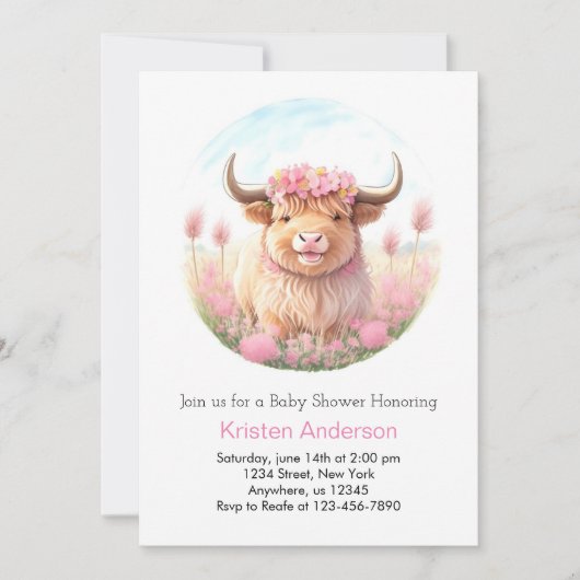 Invitation Highland Cow Girl Baby shower (Devant)