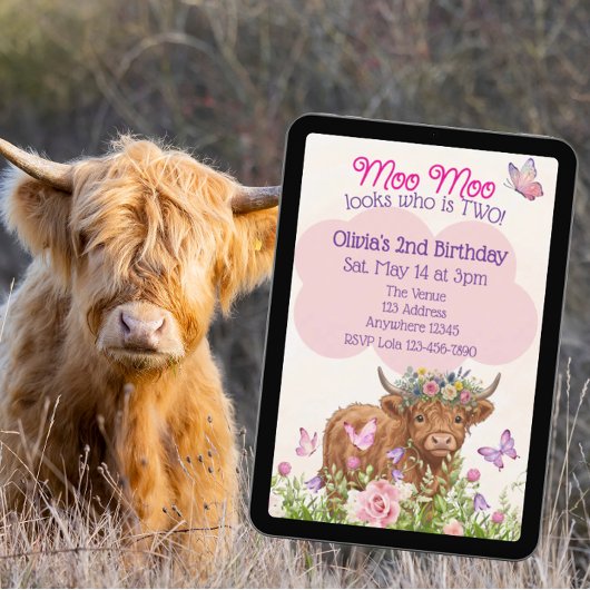 Invitation Highland Cow Moo Moo Two 2nd Birthday