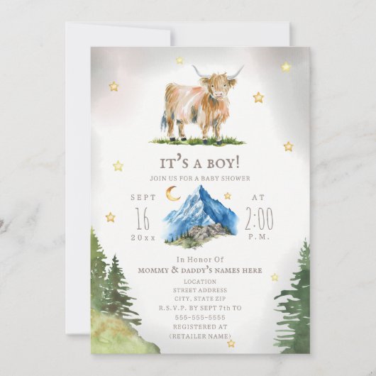Invitation Highland Cow Moon Stars Mountain Baby Shower  (Devant)