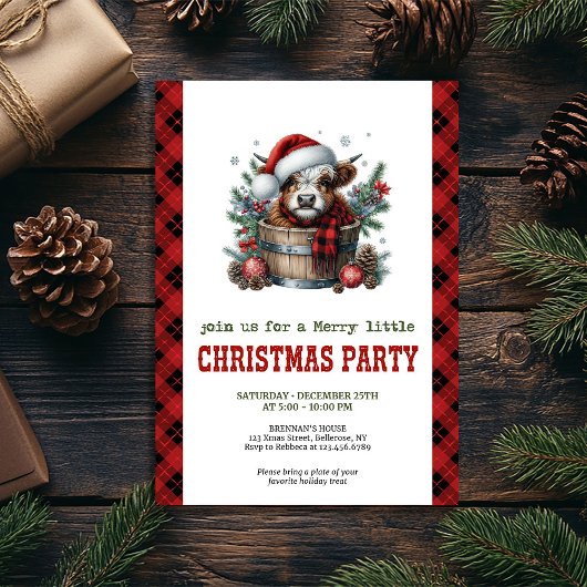 Invitation Highland cow pine branch Christmas party invite