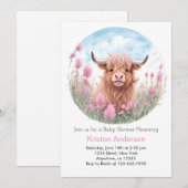 Invitation Highland Cow Rose Watercolor Baby shower fille (Devant / Derrière)