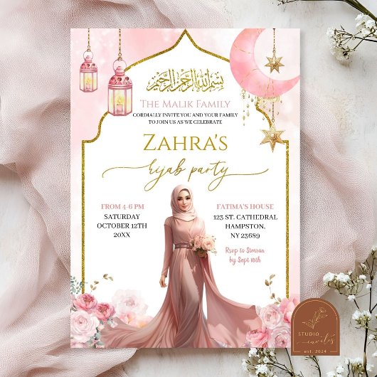 Invitation Hijab de fille musulmane rose pâle
