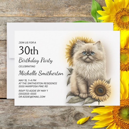 Invitation Himalaya Kitten Chat Sunflowers 30e anniversaire
