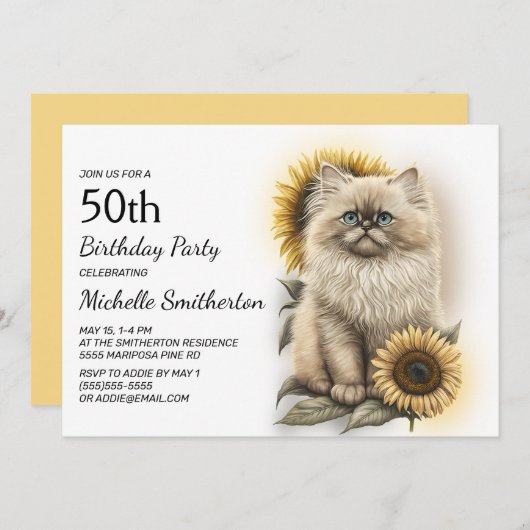 Invitation Himalayan Kitten Chat Sunflowers 50e anniversaire (Devant / Derrière)