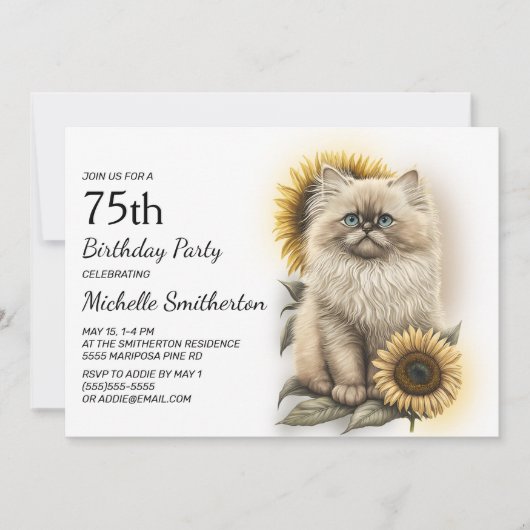 Invitation Himalayan Kitten Chat Sunflowers 75e anniversaire (Devant)