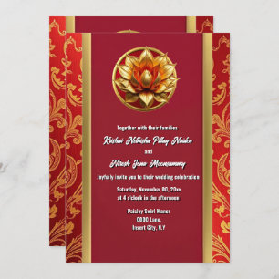 Invitation Hindi Hindou lotus flower bordeaux or floral chic