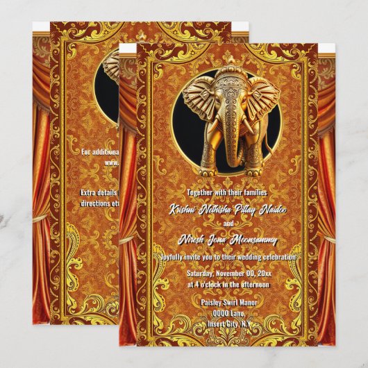 Invitation Hindi Hindu orange or indien éléphant luxueux (Devant / Derrière)