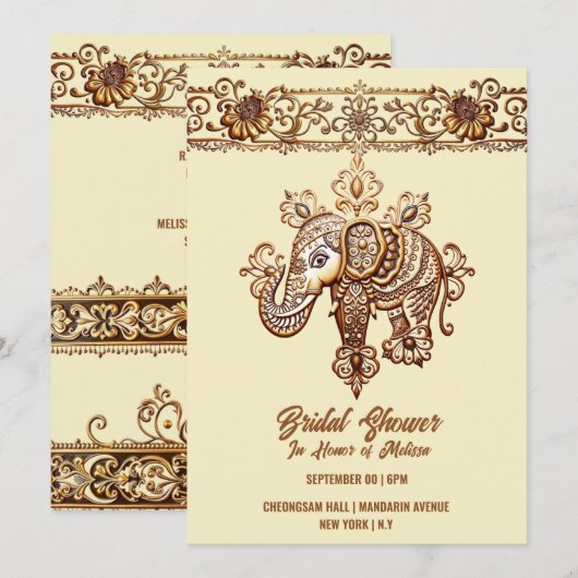 Invitation Hindi Mehndi éléphant indien henné lotus jaune (Devant / Derrière)