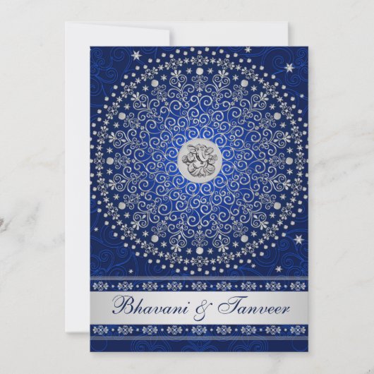 Invitation Hindu Ganesh Blue Silver Scrolls Mariage Invitatio (Devant)