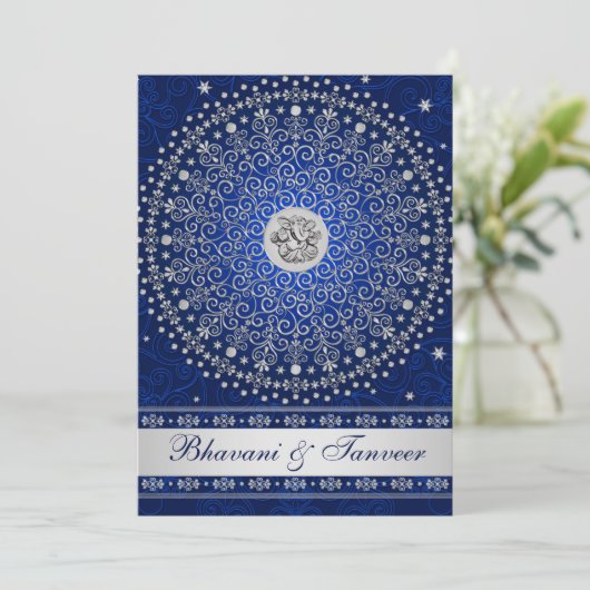Invitation Hindu Ganesh Blue Silver Scrolls Mariage Invitatio (Debout devant)