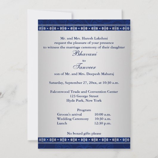 Invitation Hindu Ganesh Blue Silver Scrolls Mariage Invitatio (Dos)