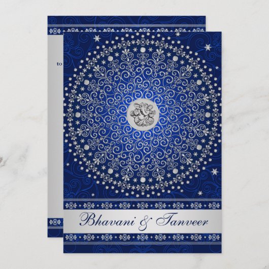 Invitation Hindu Ganesh Blue Silver Scrolls Mariage Invitatio (Devant / Derrière)