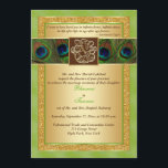 Invitation Hindu Ganesh Green, Gold Peacock Wedding Invitatio<br><div class="desc">Ton amour était-il écrit dans les étoiles ? Ce spectaculaire faire-part de mariage vert et or a un FAUX central brun et or gravé d'apparence médaillon avec le dieu hindou Ganesh dessus, allongé sur un banc de plumes de paon richement coloré, entouré d'un bord de frontière vert vif. Il y...</div>