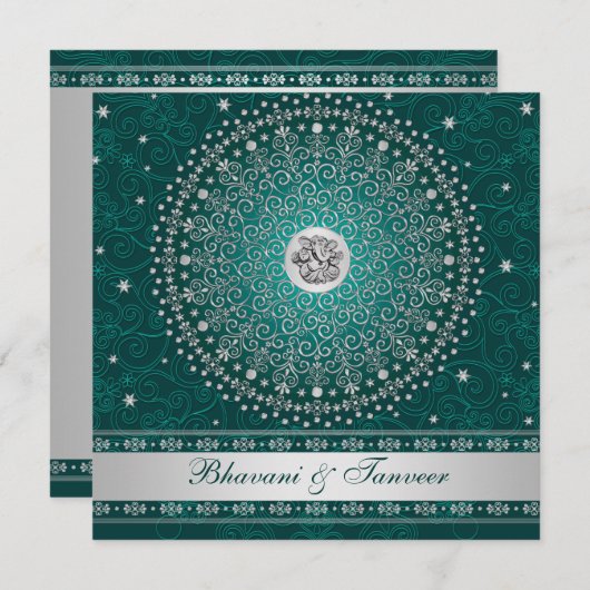 Invitation Hindu Ganesh Turquoise, Silver Scrolls Mariage Inv (Devant / Derrière)