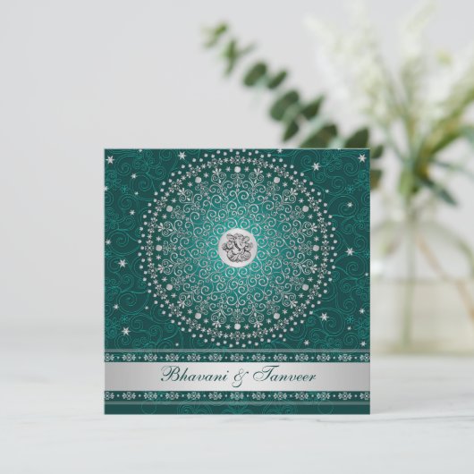 Invitation Hindu Ganesh Turquoise, Silver Scrolls Mariage Inv (Debout devant)