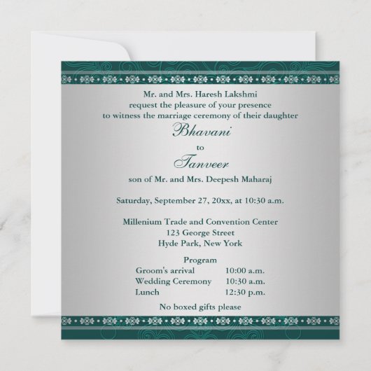 Invitation Hindu Ganesh Turquoise, Silver Scrolls Mariage Inv (Dos)