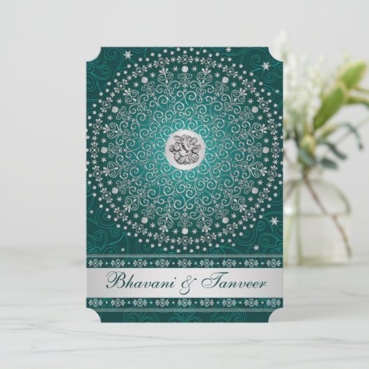 Invitation Hindu Ganesh Turquoise, Silver Scrolls Mariage Inv (Debout devant)