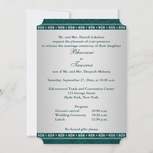 Invitation Hindu Ganesh Turquoise, Silver Scrolls Mariage Inv (Dos)