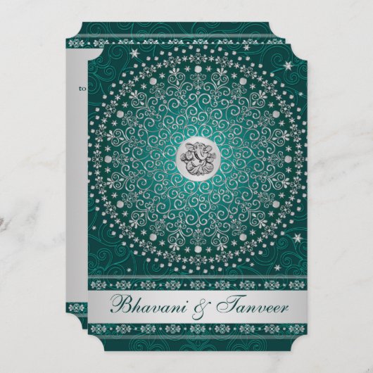 Invitation Hindu Ganesh Turquoise, Silver Scrolls Mariage Inv (Devant / Derrière)