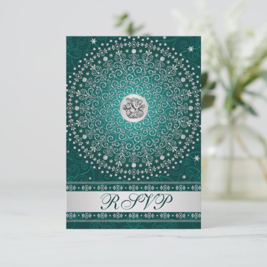 Invitation Hindu Ganesh Turquoise, Silver Scrolls Mariage RSV (Debout devant)