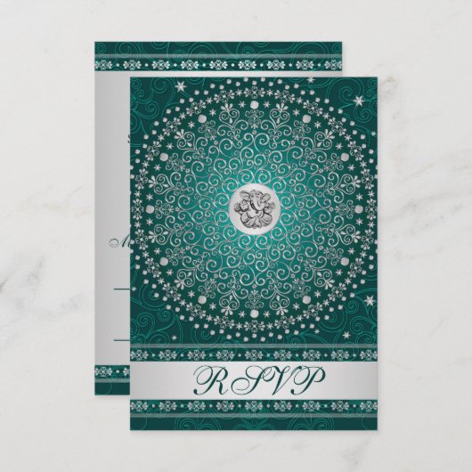 Invitation Hindu Ganesh Turquoise, Silver Scrolls Mariage RSV (Devant / Derrière)