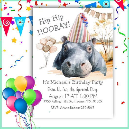 Invitation Hip Hip Hooray Hippo Birthday