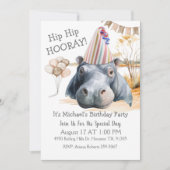 Invitation Hip Hip Hooray Hippo Birthday (Devant)