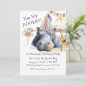 Invitation Hip Hip Hooray Hippo Birthday (Debout devant)