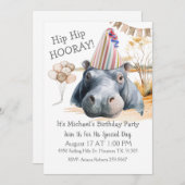 Invitation Hip Hip Hooray Hippo Birthday (Devant / Derrière)