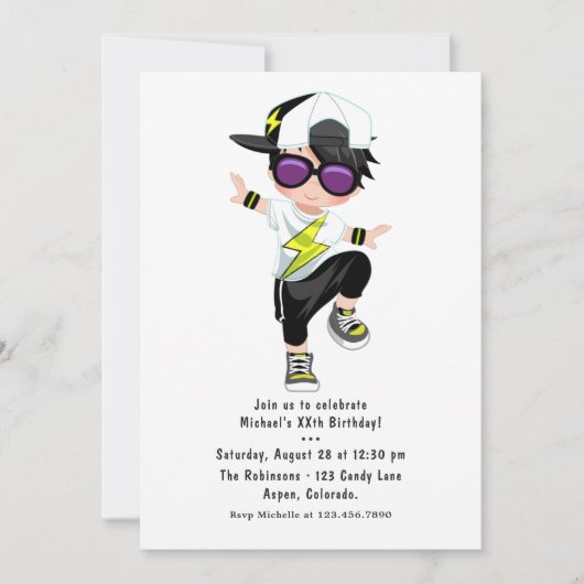 Invitation Hip hop cool Rap Boy Break Dancer Anniversaire (Devant)